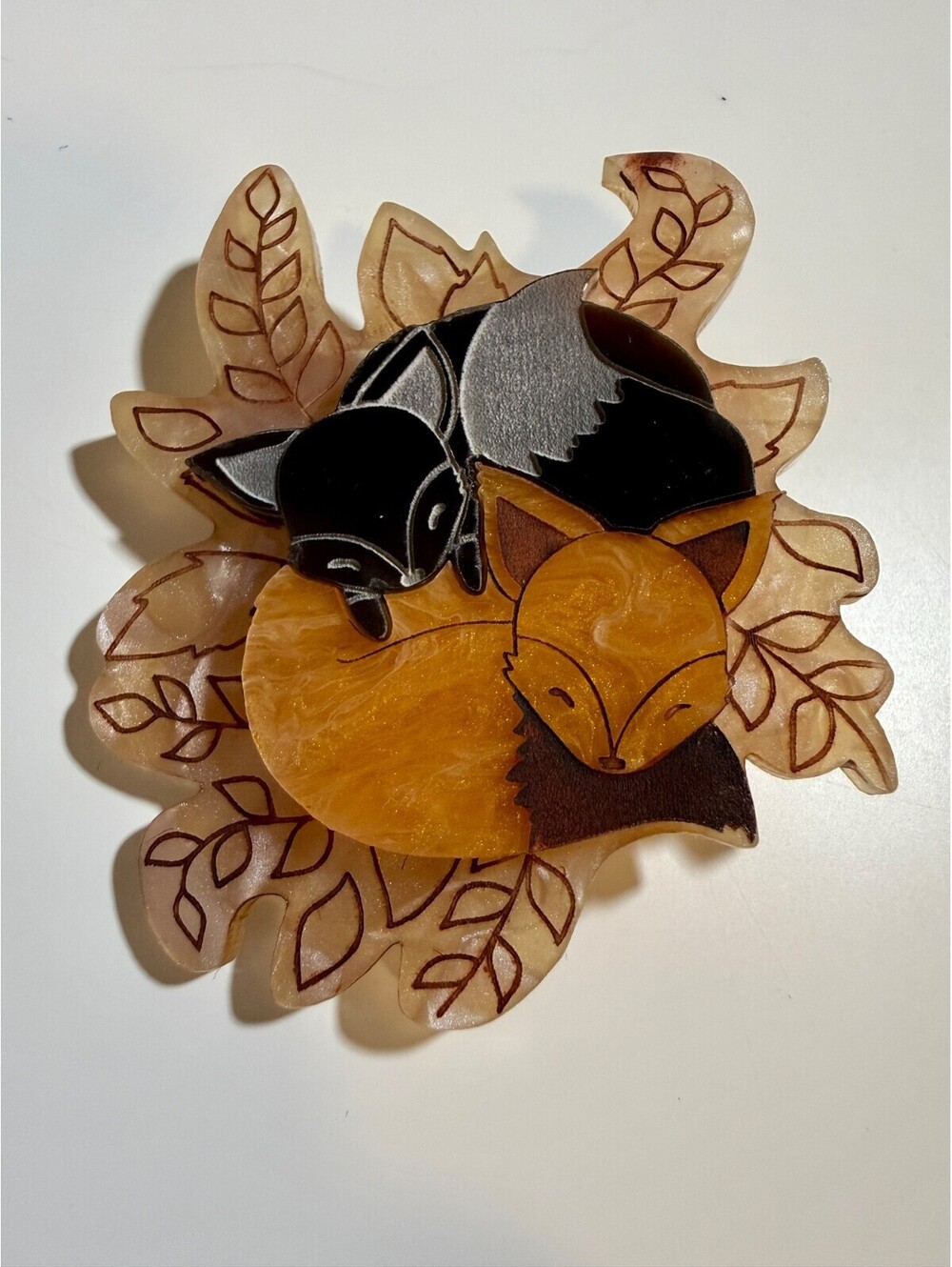 Autumn Babies Fox Brooch The Ottopiary Acrylic Yin Yang Fall Foliage Leaves Pin